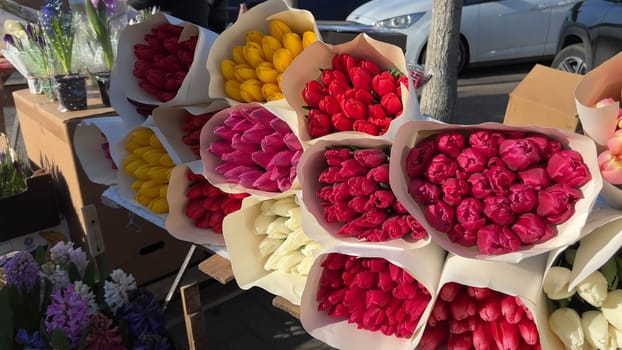 Selling bouquets of tulips on the city street