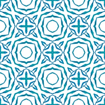 Medallion seamless pattern. Blue charming boho chic summer design. Textile ready curious print, swimwear fabric, wallpaper, wrapping. Watercolor medallion seamless border.