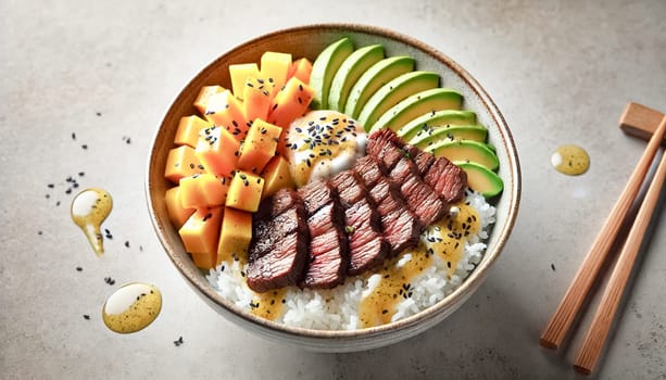 A horizontal photograph showcasing a beef bowl with tender grilled beef slices, fresh mango chunks, and creamy avocado slices, all arranged over a bed of fluffy rice. The mid-level angle highlights the bowl's depth, while the soft lighting emphasizes the vibrant colors and textures.