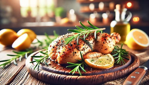 A beautifully plated grilled lemon herb chicken served on a ceramic dish, garnished with rosemary sprigs and lemon wedges. The scene is set in a cozy kitchen with warm, natural lighting, highlighting the dish’s vibrant colors and textures.
