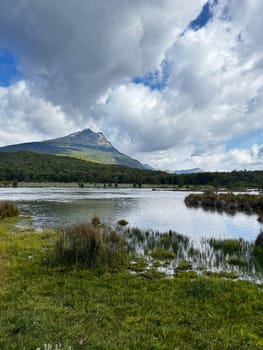 Grassy wetland landscape with reflective water and a dramatic mountain backdrop under a partly cloudy sky in southern Argentina.