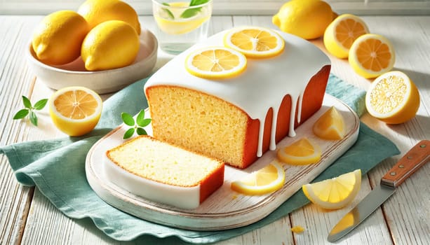 A beautifully presented lemon pound cake, sliced to reveal its soft, golden crumb. The cake is topped with a glossy white glaze and adorned with fresh lemon slices, arranged on a rustic wooden cutting board. The bright and airy scene includes whole lemons and a teal napkin, creating a fresh, summery atmosphere. The natural lighting highlights the cake’s inviting texture and the shine of the glaze, making it perfect for a sunny day treat.