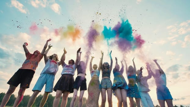 Young students celebrating the end of school by throwing colorful powder in the air in a group
