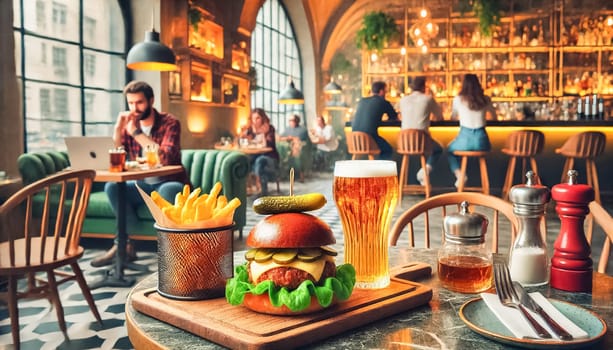 A bright, inviting cafe features a gourmet burger with lettuce, cheese, and pickles on a wooden board. The meal includes a small basket of golden fries and a refreshing glass of beer. In the background, other patrons are seen working on laptops, creating a cozy yet productive atmosphere.