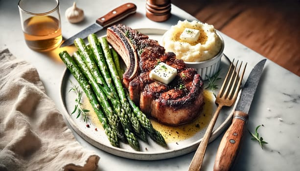 A beautifully plated meal featuring a grilled bone-in ribeye steak topped with creamy mashed potatoes and served with tender buttered asparagus spears. Accompanied by a dish of zesty compound butter, the presentation is both rustic and elegant.