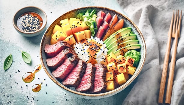 A horizontal photograph showcasing a beef bowl with tender grilled beef slices, fresh mango chunks, and creamy avocado slices, all arranged over a bed of fluffy rice. The mid-level angle highlights the bowl's depth, while the soft lighting emphasizes the vibrant colors and textures.