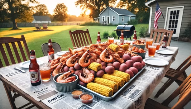 A wide-angle view of a seafood boil spread across a picnic table in a lush garden. The meal features shrimp, corn, potatoes, and sausage, seasoned and served on newspaper, with sunlight filtering through the greenery to create a warm, inviting atmosphere for a summer gathering.