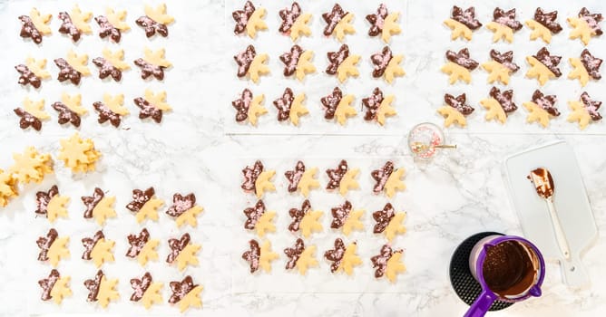 A complete overhead view of decorated snowflake sugar cookies arranged in rows, surrounded by melted chocolate and crushed peppermint, presenting a finished look for the holiday treats.