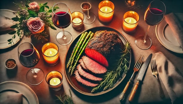 A succulent roast beef is perfectly cooked and garnished with fresh rosemary and lemon wedges. The scene is elegantly set with asparagus and white flowers, creating an inviting and sophisticated dining experience.