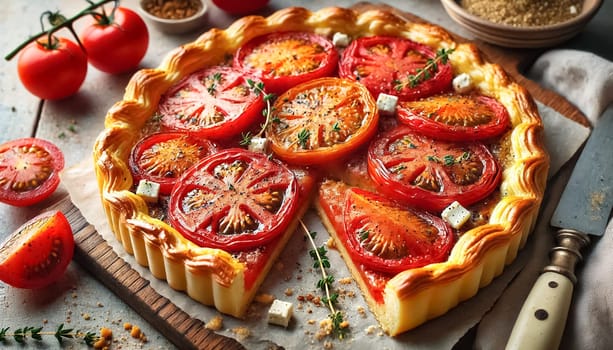 These images showcase a beautifully sliced tomato tart, featuring a golden, flaky puff pastry crust topped with vibrant roasted heirloom tomatoes. The tart is sliced into neat portions, revealing the buttery layers of pastry and juicy, slightly charred tomatoes. Crumbled feta and fresh thyme sprigs add texture and color to this rustic dish.