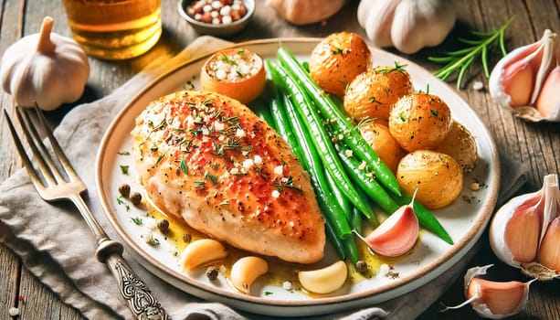 A top-down view of a fully sliced, golden brown roasted chicken breast, arranged on a rustic plate with fresh green beans and roasted baby potatoes. The dish is garnished with herbs and garlic, set on a wooden table under warm, natural lighting.