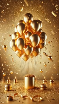 Golden balloons shimmer under soft lighting in a grand ballroom, surrounded by glistening confetti. The elegant setting and warm atmosphere evoke a sense of grandeur and celebration.