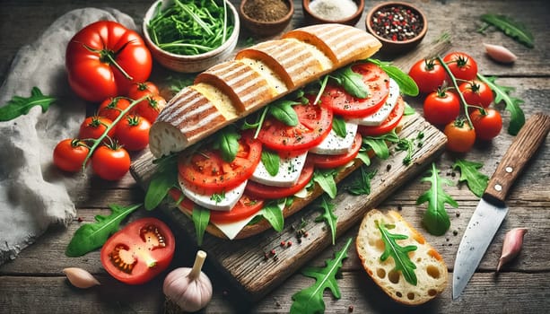 A beautifully crafted Caprese sandwich featuring ripe tomatoes, creamy mozzarella, and fresh arugula, layered on lightly toasted bread. The sandwich is presented on a white plate, garnished with vibrant basil leaves and surrounded by cherry tomatoes, creating a visually appealing and appetizing scene.