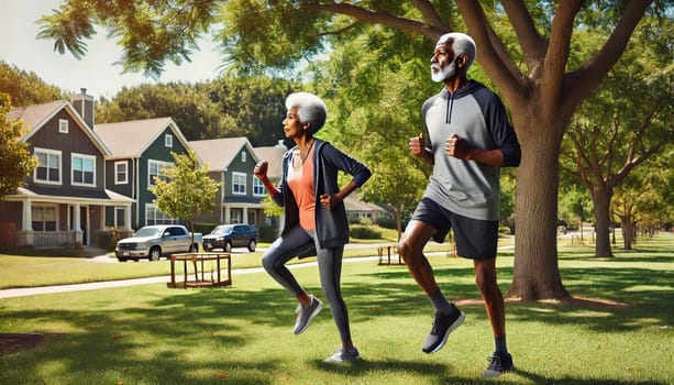 Two African American individuals over 50 are working out in a peaceful suburban park, jogging and stretching amid lush greenery. The serene setting features trees, clear skies, and distant suburban homes.