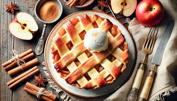 The images showcase a delectable slice of apple pie topped with a smooth scoop of vanilla ice cream. The pie’s golden lattice crust and tender apple filling are complemented by a rustic setting, featuring cinnamon sticks, fresh apples, and delicate white flowers, creating a cozy, inviting atmosphere.