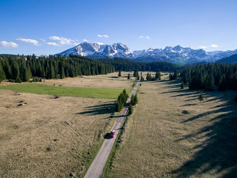 Newlyweds ride in a red convertible on a road in a mountain valley. Aerial view. High quality photo