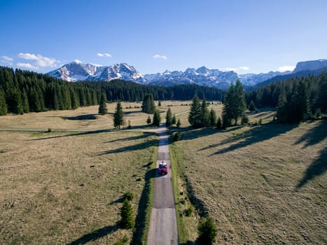 Newlyweds ride in a cabriolet on a road in a mountain valley. Aerial view. High quality photo