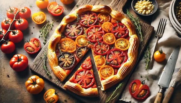These images showcase a beautifully sliced tomato tart, featuring a golden, flaky puff pastry crust topped with vibrant roasted heirloom tomatoes. The tart is sliced into neat portions, revealing the buttery layers of pastry and juicy, slightly charred tomatoes. Crumbled feta and fresh thyme sprigs add texture and color to this rustic dish.