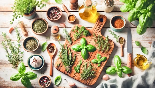A clean and vibrant flat lay of a rustic kitchen table, featuring fresh herbs like basil, rosemary, and thyme. Surrounded by garlic cloves, spices, olive oil bottles, and wooden spoons, the scene is illuminated by soft natural light, creating an inviting and airy atmosphere perfect for food preparation.