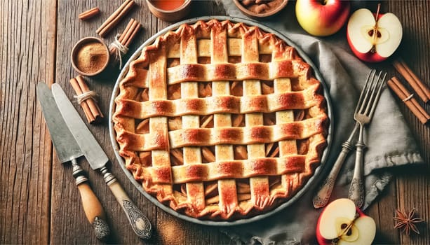 These images showcase a beautifully baked apple pie with a golden lattice crust, set on a rustic wooden table. The apple filling slightly oozes through the crust, surrounded by fresh apples, cinnamon sticks, and vintage cutlery, creating a warm, cozy, and inviting autumn atmosphere.