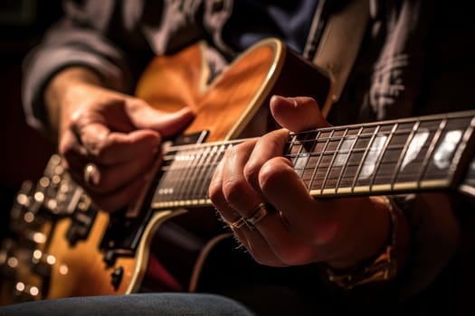 Musician strumming a guitar in close-up. Generative AI