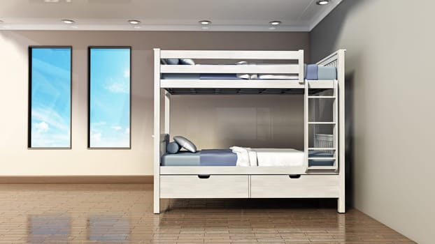 Bunk bed inside the empty room. 3D illustration.