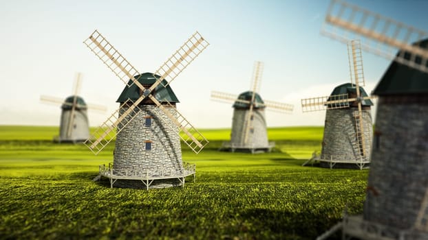 Windmills on the green field. 3D illustration.