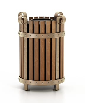 Wooden trash bin isolated on white background. 3D illustration.