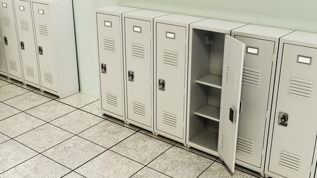 Metal locker storage cabinets for school, fitness club or gym in a row. 3D illustration.