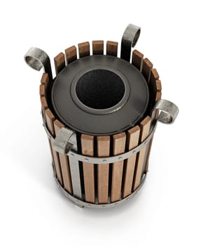 Wooden trash bin isolated on white background. 3D illustration.
