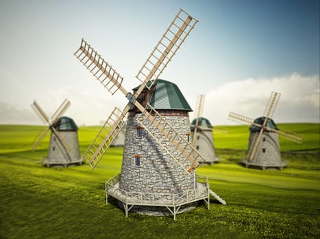 Windmills on the green field. 3D illustration.