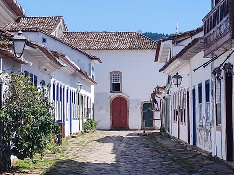 Paraty, Rio de Janeiro, Brazil, February 6, 2025, view of the facade of an old colonial house in the central square, historic city.