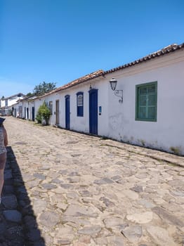 Paraty, Rio de Janeiro, Brazil, February 6, 2025, view of the facade of an old colonial house in the central square, historic city.