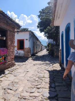 Paraty, Rio de Janeiro, Brazil, February 6, 2025, view of the facade of an old colonial house in the central square, historic city.