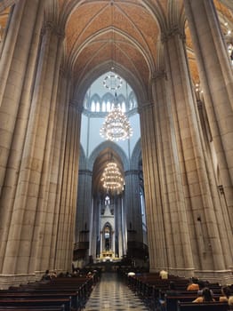São Paulo, São Paulo, Brazil, February 1, 2025, Sé Cathedral, pilasters of the main nave, with altar in the background.