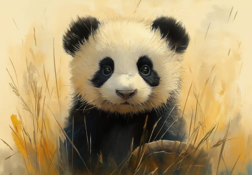 Watercolor illustration of animals, panda with turtle. Selective focus.