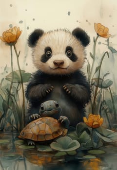 Watercolor illustration of animals, panda with turtle. Selective focus.
