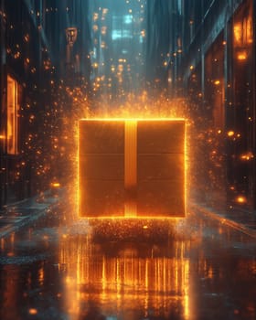 Parcel with glowing speed traces. The concept of fast delivery. Selective focus.