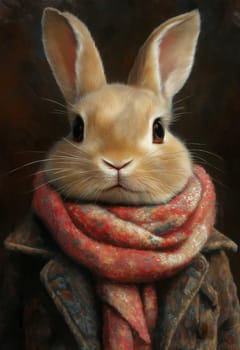 Charming cartoon hare in warm clothes. Selective focus.
