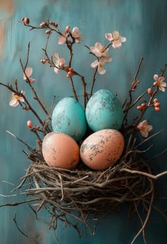 Greeting Easter card in photo style. Selective focus.