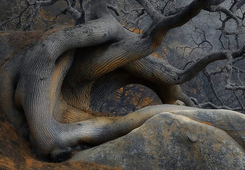 A tree having an abstract shape in a natural landscape. Selective focus.
