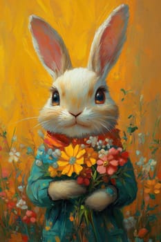 Cartoon hare with flowers on an abstract background. Selective focus.