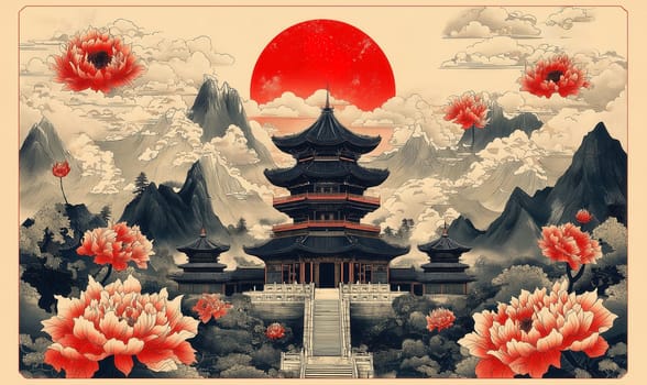 Illustration of an ancient Asian temple set against a red sun. Selective focus.