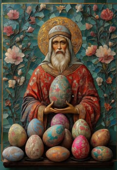 Religious iconography depicting a saint with decorated Easter eggs. Selective focus.
