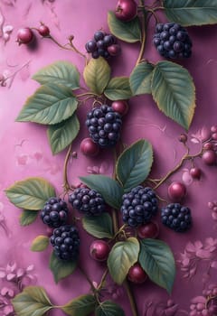 Ripe blackberries with leaves on a pink background. Selective focus.