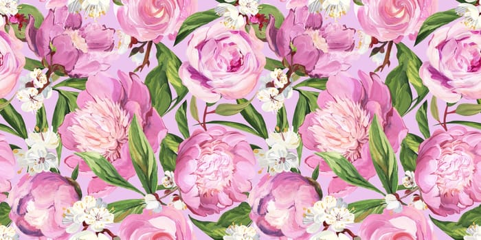 Botanical seamless pattern with peonies and sakura branches drawn in gouache for textile and design