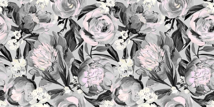 Seamless monochrome spring pattern drawn in gouache with pink peonies for trxtile