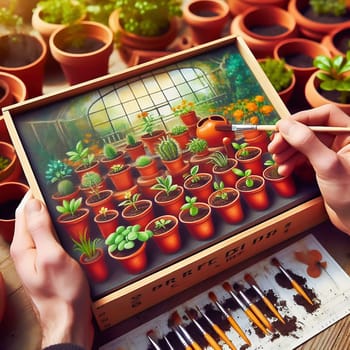 A picture is painted of young seedlings in terracotta pots, carefully arranged in a box. Fresh greenery under warm light - ideal for garden lovers and nature enthusiasts.