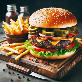Juicy cheeseburger with crispy lettuce, tomatoes, gherkins and caramelized onions, served with golden fries on a rustic wooden board.