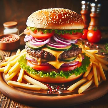 Juicy cheeseburger with crispy lettuce, tomatoes, gherkins and caramelized onions, served with golden fries on a rustic wooden board.